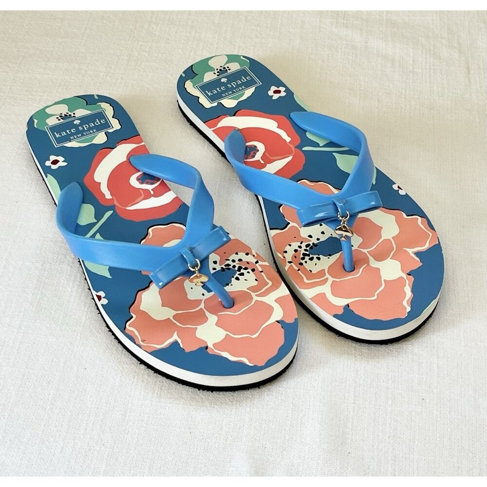 Kate Spade Women's Blue Orange Floral Flip Flops Size L (9-10)